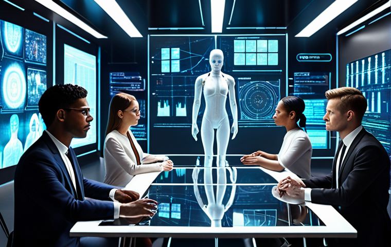 **

A diverse group of people working together on a futuristic project, with holographic displays showing ethical considerations like fairness, transparency, and data privacy. The overall tone is hopeful but serious, reflecting the challenges of AI development.

**