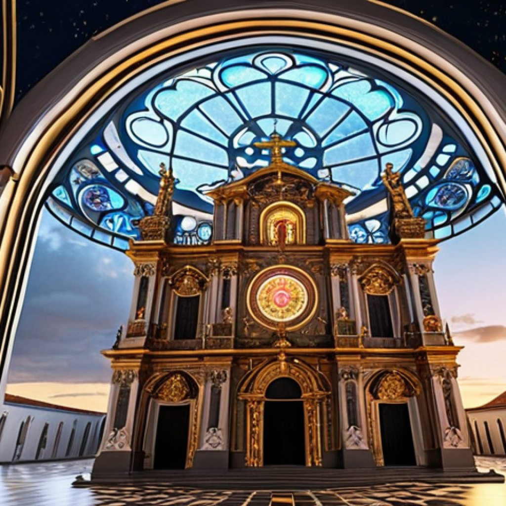 **Prompt:** A majestic, ancient Portuguese church, rich with intricate gilded carvings and a large, ornate rose window, stands under a dynamic sky. Emanating from the church are subtle, glowing holographic projections depicting its digital twin, highlighting its architectural perfection. A futuristic, sleek drone hovers nearby, casting gentle light beams that illuminate structural details, symbolizing AI analysis and high-tech preservation. The scene blends historical grandeur with innovative technology, emphasizing digital safeguarding for future generations.