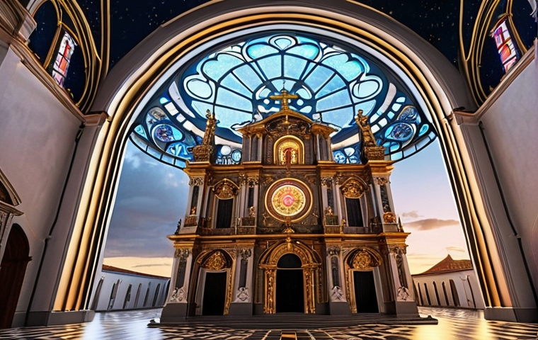 **Prompt:** A majestic, ancient Portuguese church, rich with intricate gilded carvings and a large, ornate rose window, stands under a dynamic sky. Emanating from the church are subtle, glowing holographic projections depicting its digital twin, highlighting its architectural perfection. A futuristic, sleek drone hovers nearby, casting gentle light beams that illuminate structural details, symbolizing AI analysis and high-tech preservation. The scene blends historical grandeur with innovative technology, emphasizing digital safeguarding for future generations.