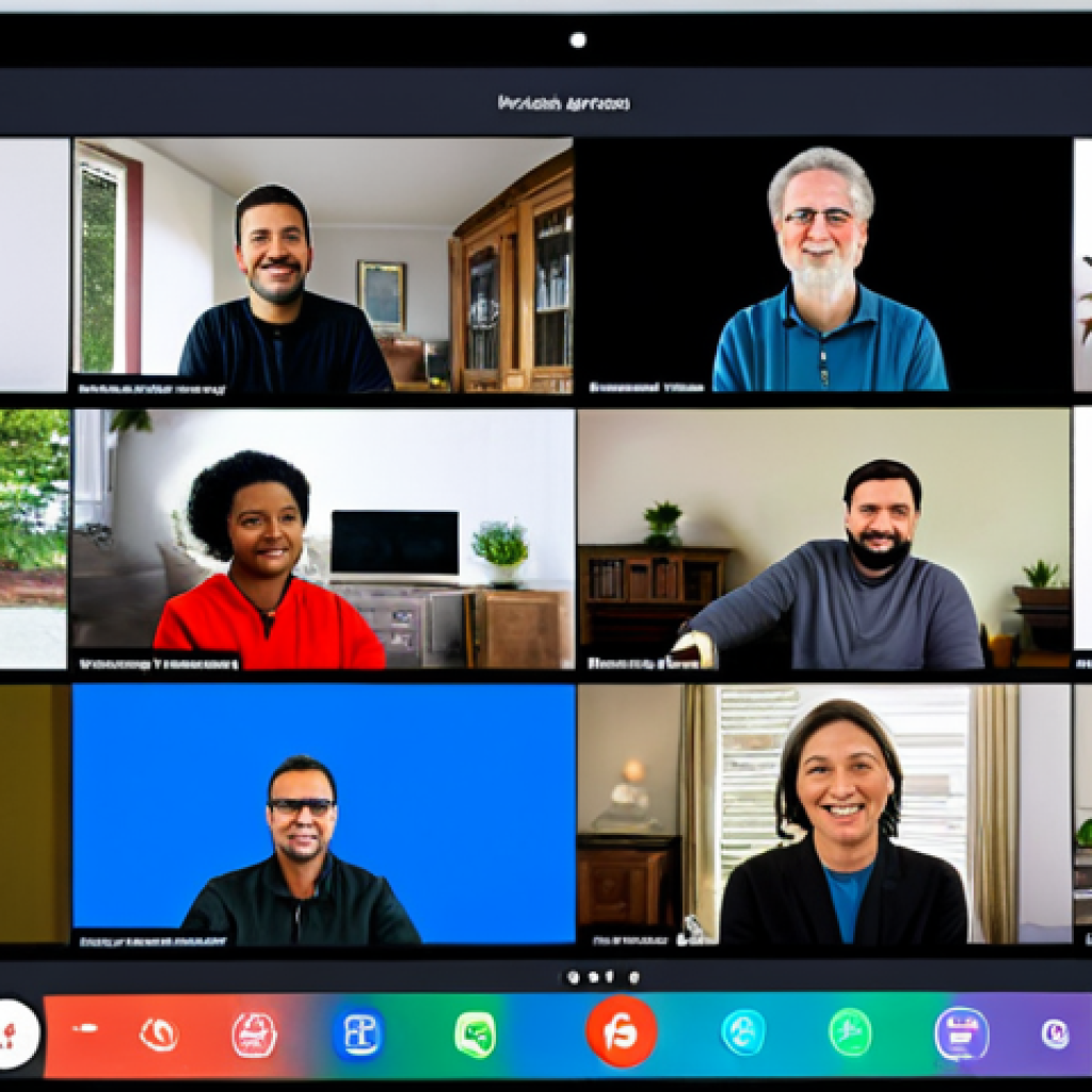 A diverse group of individuals, fully clothed in modest, everyday attire, are engaged in a virtual spiritual gathering. Each person is visible on a separate screen within a multi-person video call interface displayed on a large monitor or tablet. Their individual home environments are clean, modern, and distinct, suggesting different global locations. They exhibit expressions of serene connection and shared purpose, emphasizing community and global accessibility through digital faith. perfect anatomy, correct proportions, natural pose, well-formed hands, proper finger count, natural body proportions, professional photography, high quality, safe for work, appropriate content, fully clothed, modest, family-friendly.