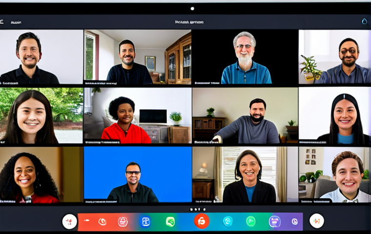 A diverse group of individuals, fully clothed in modest, everyday attire, are engaged in a virtual spiritual gathering. Each person is visible on a separate screen within a multi-person video call interface displayed on a large monitor or tablet. Their individual home environments are clean, modern, and distinct, suggesting different global locations. They exhibit expressions of serene connection and shared purpose, emphasizing community and global accessibility through digital faith. perfect anatomy, correct proportions, natural pose, well-formed hands, proper finger count, natural body proportions, professional photography, high quality, safe for work, appropriate content, fully clothed, modest, family-friendly.