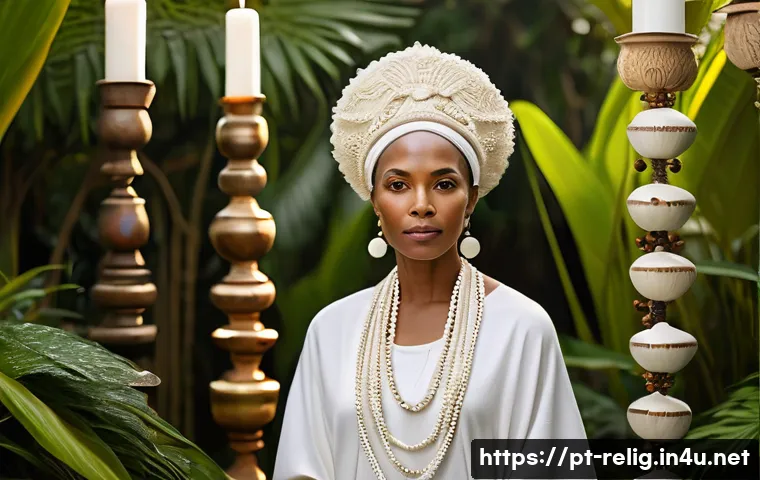 종교와 여성  역사와 현재 - A dignified and serene female spiritual leader from Afro-Brazilian religion, dressed in traditional ...