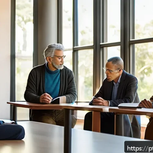 Home 32 종교 철학의 주요 논점 - A contemplative scene of a diverse group of adults engaged in a respectful dialogue in a modern, sun...