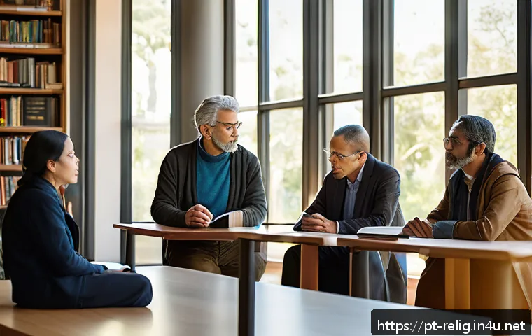 종교 철학의 주요 논점 - A contemplative scene of a diverse group of adults engaged in a respectful dialogue in a modern, sun...