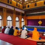 Home 19 시크교 예배 방식과 성전 - A vibrant scene inside a Gurdwara during a Kirtan session, featuring a diverse group of devotees dre...