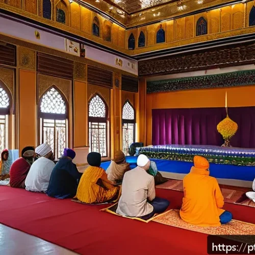 Home 31 시크교 예배 방식과 성전 - A vibrant scene inside a Gurdwara during a Kirtan session, featuring a diverse group of devotees dre...