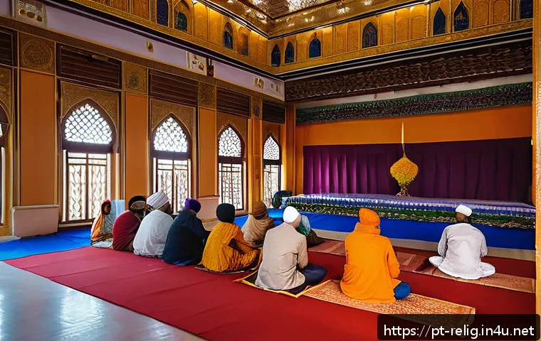 시크교 예배 방식과 성전 - A vibrant scene inside a Gurdwara during a Kirtan session, featuring a diverse group of devotees dre...
