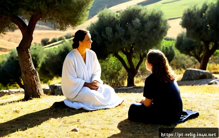 Home 13 성경 속 이야기와 교훈 - Photorealistic biblical-era scene of a compassionate teacher in simple linen robes speaking gently t...